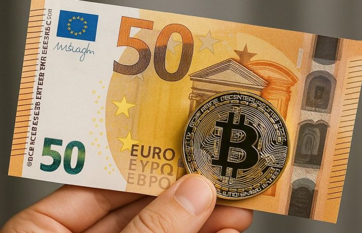 Eine Hand hält eine 50-Euro-Banknote und eine goldfarbene physische Bitcoin-Münze nebeneinander, um den Wert von 50 Euro in Bitcoin zu veranschaulichen.
