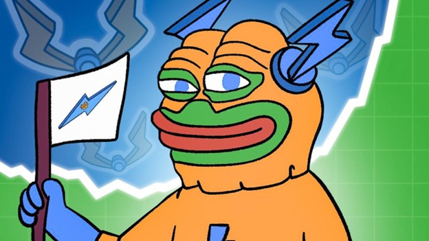 Cartoon-Froschfigur in einem orange-blauen Superhelden-Anzug, die eine Flagge mit einem blauen Blitzsymbol vor einem Diagramm-Hintergrund hält und damit die Energie von Bitcoin Hyper verkörpert.
