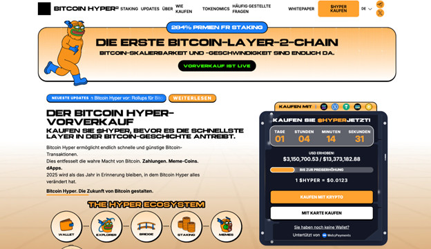 Screenshot der Bitcoin-Hyper-Website, die eine Bitcoin-Layer-2-Kette bewirbt, mit einem Vorverkaufs-Countdown, Kaufoptionen und Details über das Bitcoin-Hyper-Ökosystem und den Token.