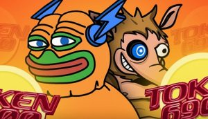 Zwei Zeichentrickfiguren mit übertriebenen Gesichtszügen - eine mit grünem und orangefarbenem Gesicht und blauen Hörnern, die andere mit braunen Stacheln - stehen vor dem Text TOKEN 690 auf orangefarbenem Hintergrund und fangen den verspielten Geist der Memecoins ein.