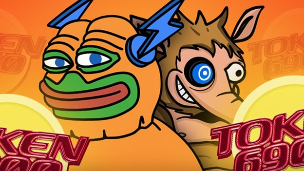 Zwei Zeichentrickfiguren mit übertriebenen Gesichtszügen - eine mit grünem und orangefarbenem Gesicht und blauen Hörnern, die andere mit braunen Stacheln - stehen vor dem Text TOKEN 690 auf orangefarbenem Hintergrund und fangen den verspielten Geist der Memecoins ein.
