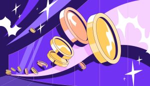 Illustration von Goldmünzen mit weißen Rändern, die in einer gekrümmten Bahn vor einem lila Hintergrund mit weißen Sternen, abstrakten Formen und einem subtilen Krakenmotiv fliegen.