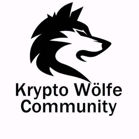 Schwarze Silhouette eines Wolfskopfes über dem Schriftzug Krypto Wölfe Community auf hellem Hintergrund zur Verleihung des Influencer Awards 2025.