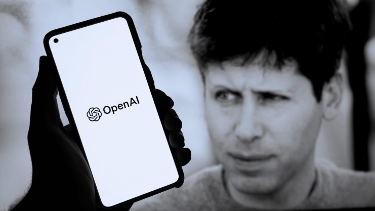 Eine Hand hält ein Smartphone, auf dem das OpenAI-Logo abgebildet ist. Das Gesicht eines Mannes ist unscharf im Hintergrund zu sehen und verdeutlicht die Integration der OpenAI-Technologie in den Alltag.