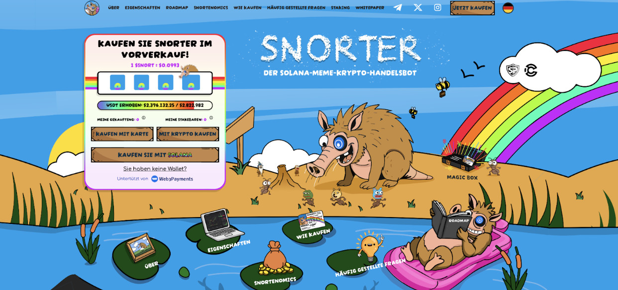 SNORTER Ein Cartoon-Wildschwein wirbt auf einer farbenfrohen Website für den Krypto-Vorverkauf von "Snorter" mit verspielten Flussufer-Illustrationen, Münzen, Regenbögen, Kauf-Buttons und sozialen Links - und fängt damit den lustigen Geist von Memecoins wie SHIB und DOGE ein.