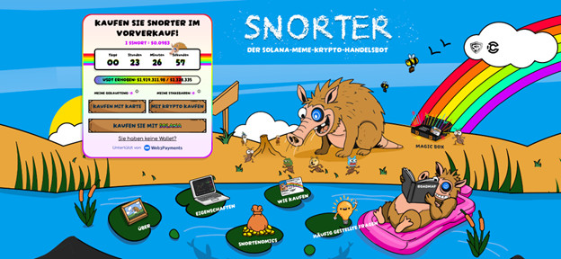 Snorter_22725b Cartoon-Szene mit zwei Wildschweinen: eines auf einem Baumstamm mit einem Laptop, das andere schwimmt in einem Teich. Ein Regenbogen, Token und eine SNORTER-Krypto-Vorverkaufsbox vervollständigen diesen verspielten Hintergrund zum Thema Snorter.