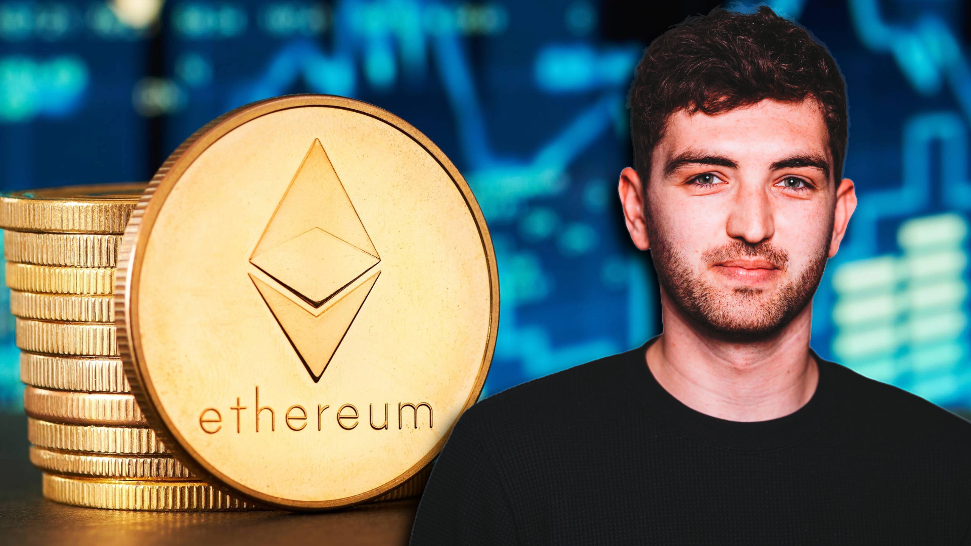 Ein junger Mann steht neben einem Stapel von Ethereum-Goldmünzen vor einem digitalen grafischen Hintergrund.