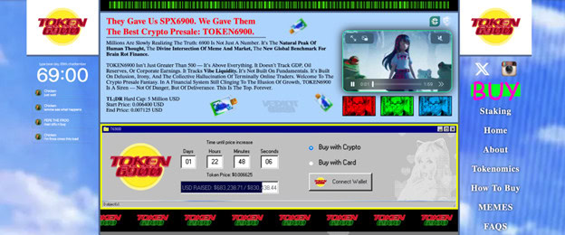 T6900b Screenshot einer Kryptowährungs-Website mit Memecoins, einem Timer, bunten Grafiken, Token-Preis und Optionen zum Kauf mit Krypto oder Karte sowie einem Navigationsmenü auf der rechten Seite.