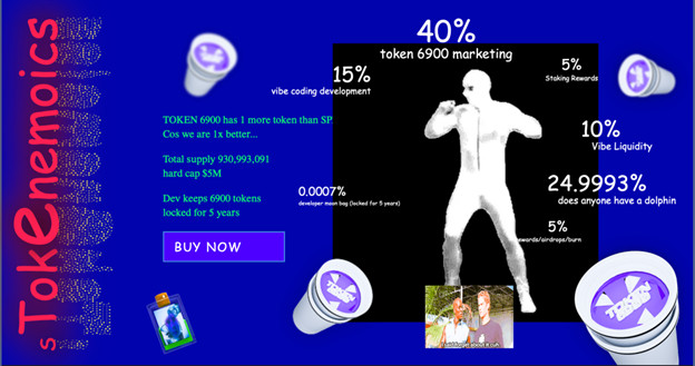 TOKEN6900b Eine digitale Grafik zeigt Tokenomics für TOKEN 6900, mit einer weißen tanzenden Figur, Prozentsätzen für die Token-Zuweisung, fettgedrucktem Text und verschiedenen Clipart-Elementen auf blauem Hintergrund - ideal für alle, die Kryptowährung kaufen möchten.