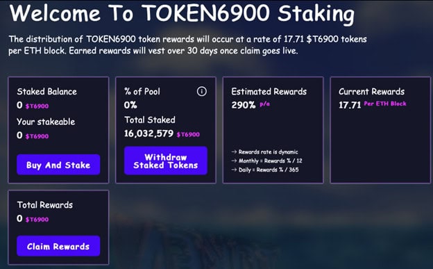 TOKEN6900c Ein Dashboard für Kryptowährungseinsätze zeigt das eingesetzte Guthaben, den Prozentsatz des Pools, die geschätzte Belohnungsrate, die aktuellen Belohnungen und Schaltflächen zum Einsetzen, Auszahlen, Beantragen von Belohnungen oder Navigieren zu Optionen wie Kryptowährung kaufen.