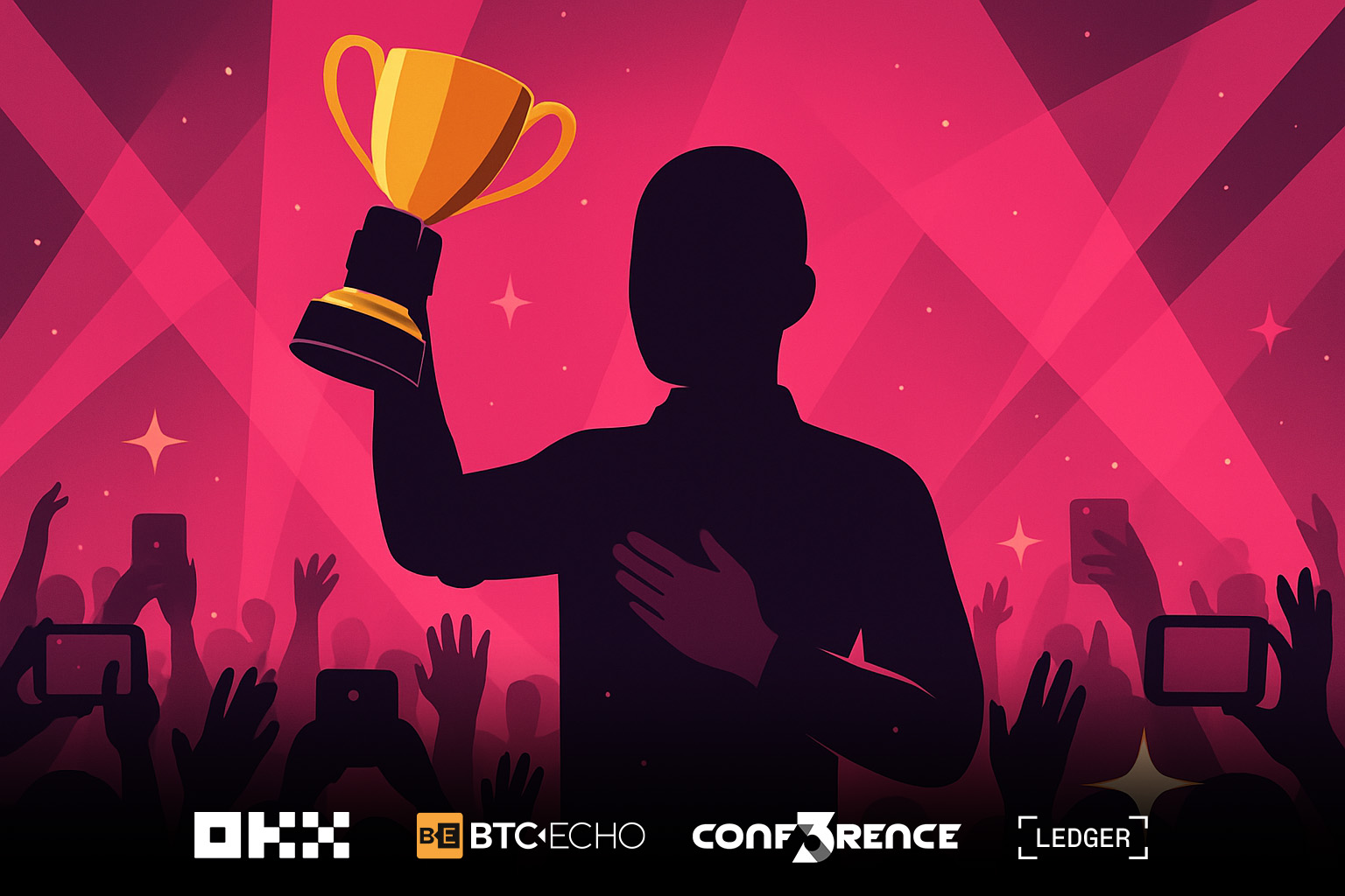 Eine Silhouette hält eine Trophäe auf der Bühne vor einer jubelnden Menge mit erhobenen Telefonen bei der Verleihung des Influencer Award 2025; verschiedene Sponsorenlogos erscheinen am unteren Bildrand.