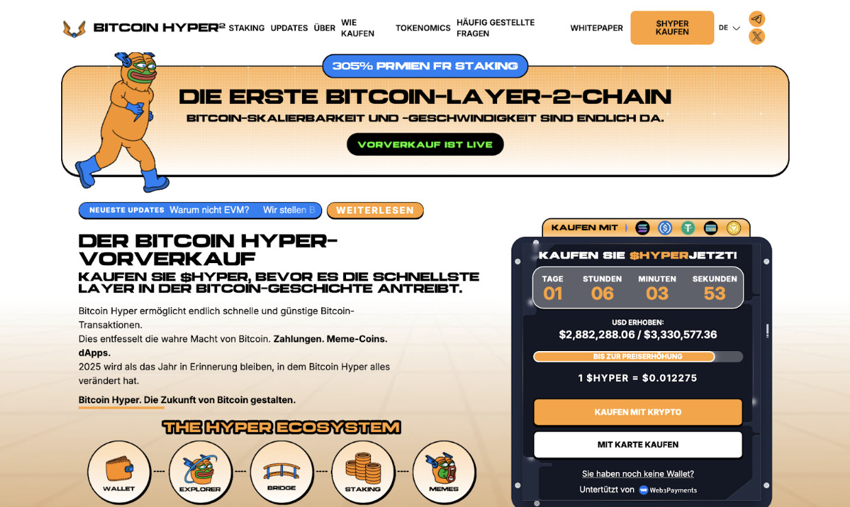 Screenshot einer Website, die Bitcoin Hyper bewirbt, mit einem Cartoon-Astronauten, Vorverkaufsinformationen, Kaufoptionen und Ökosystemfunktionen in einem modernen, orangefarbenen Layout - perfekt für alle, die erwarten, dass die Kryptowährungen im Sommer 2025 explodieren.