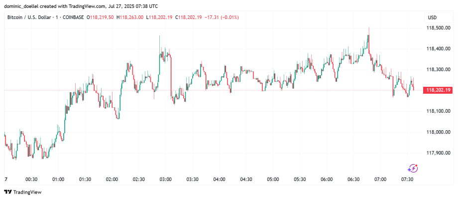 bitcoin-krypto-usd-kurs Ein Liniendiagramm, das die Bitcoin (BTC)-/USD-Kursschwankungen auf Coinbase über mehrere Stunden hinweg zeigt, wobei der letzte Kurs bei 118.129,19 $ lag.