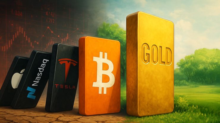 Große Blöcke mit der Aufschrift Apple, Nasdaq, Tesla, Bitcoin und Gold sind aufgereiht. Gold steht in einem üppigen Gebiet als sicherer Hafen, während andere auf trockenem Boden ruhen - als Symbol für Markttrends und Insiderperspektiven.