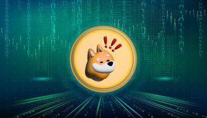 Eine digitale Illustration eines Shiba-Inu-Hundes in einer Goldmünze mit dem Text "Bonk" vor einem Hintergrund aus binärem Code und futuristischen Stadtlandschaftsgrafiken.