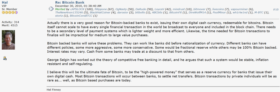In einem Forumsbeitrag von Hal Finney werden die Machbarkeit von Bitcoin-Banken untersucht, die Vorteile der digitalen Währung hervorgehoben und Prognosen über die transformativen Auswirkungen von Bitcoin auf Finanztransaktionen abgegeben.