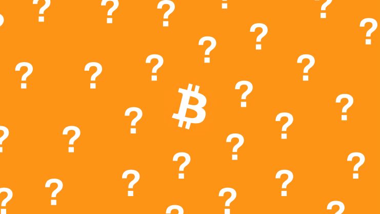 Weiße Fragezeichen und ein weißes Bitcoin-Symbol auf orangefarbenem Hintergrund, die auf Unsicherheiten oder allgemeine Fragen zu Bitcoin hinweisen.