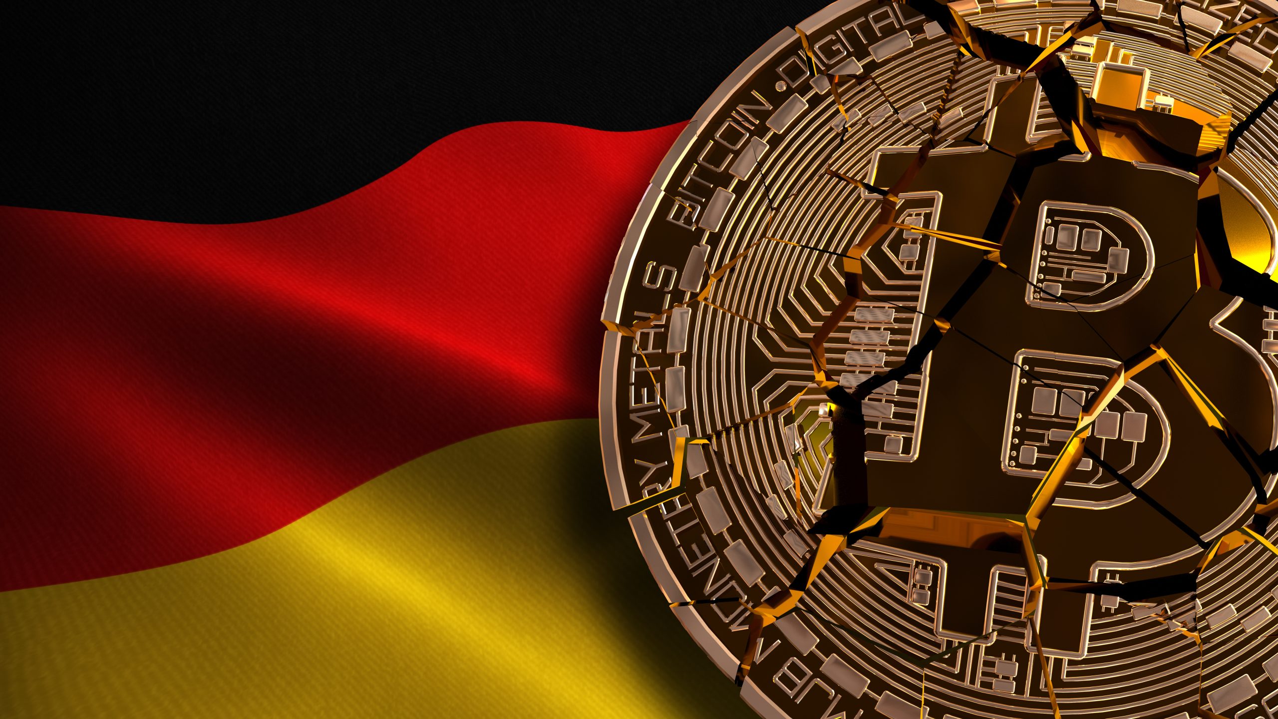 Eine geknackte Bitcoin-Münze wird vor einer wehenden deutschen Flagge gezeigt, die die Herausforderungen der Kryptowährung in Deutschland symbolisiert.
