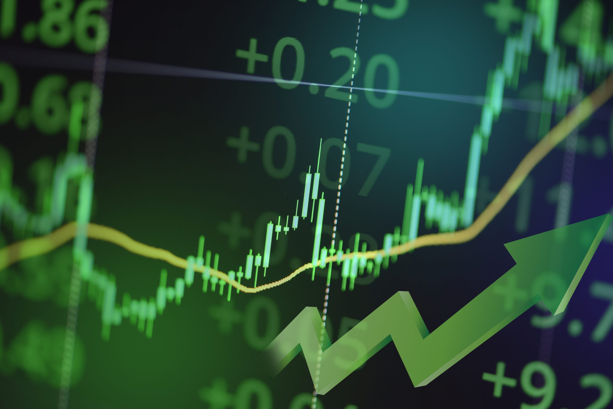 Ein digitales Börsenchart zeigt steigende Candlestick-Muster, grüne Zahlen und einen Aufwärtspfeil, was auf ein positives finanzielles Wachstum oder steigende Aktienkurse hindeutet - ideal für alle, die ein passives Einkommen suchen.