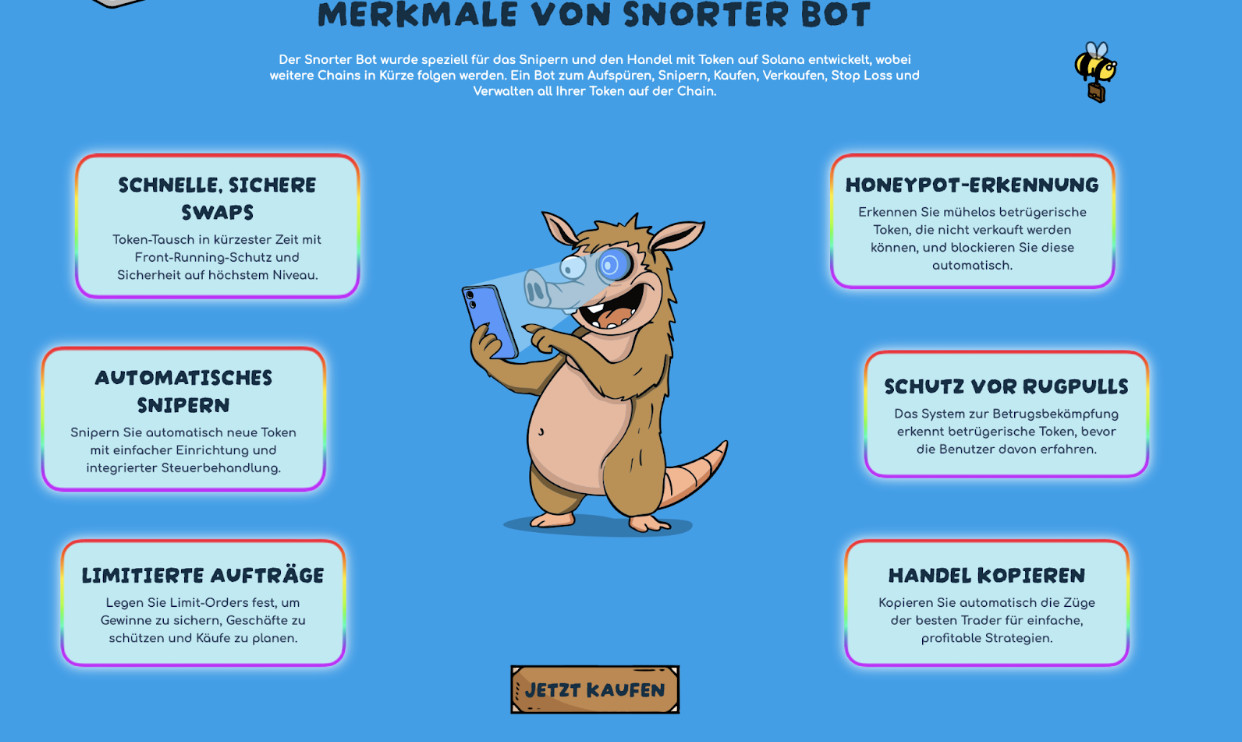 merkmale-snorter-bot Ein Cartoon-Gürteltier mit einem Telefon steht in der Mitte, umgeben von deutschen Textfeldern, die die Funktionen eines Krypto-Handels-Bots für Memecoins wie DOGE und SHIB auf blauem Hintergrund beschreiben.