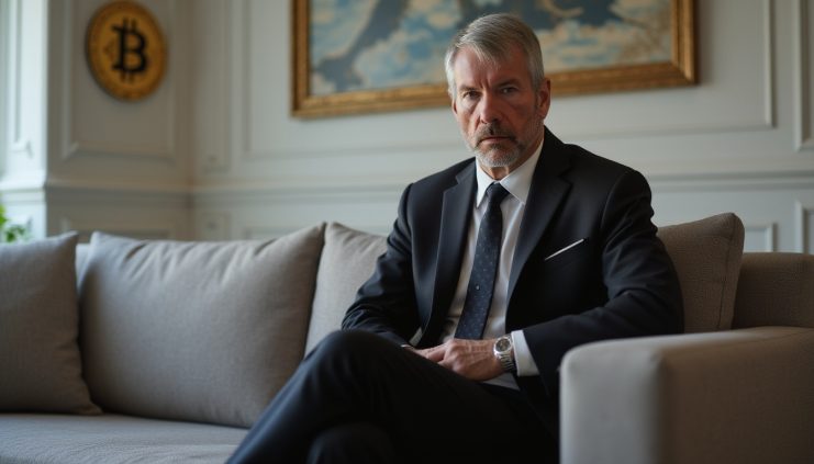 Ein Mann in einem dunklen Anzug sitzt auf einem Sofa in einem gut beleuchteten Büro und bespricht eine Strategie, während im Hintergrund ein Bitcoin-Logo und gerahmte Kunstwerke zu sehen sind.