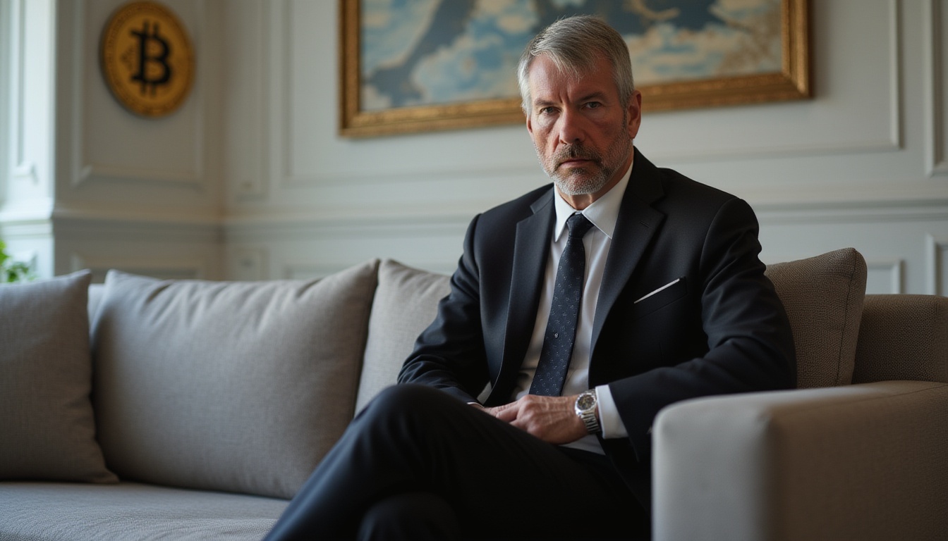 Ein Mann in einem dunklen Anzug sitzt auf einem Sofa in einem gut beleuchteten Büro und bespricht eine Strategie, während im Hintergrund ein Bitcoin-Logo und gerahmte Kunstwerke zu sehen sind.
