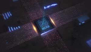Ein Computerchip mit der Bezeichnung Near befindet sich in der Mitte der sich kreuzenden Schaltkreise und leuchtet mit blauen und gelben Lichteffekten.