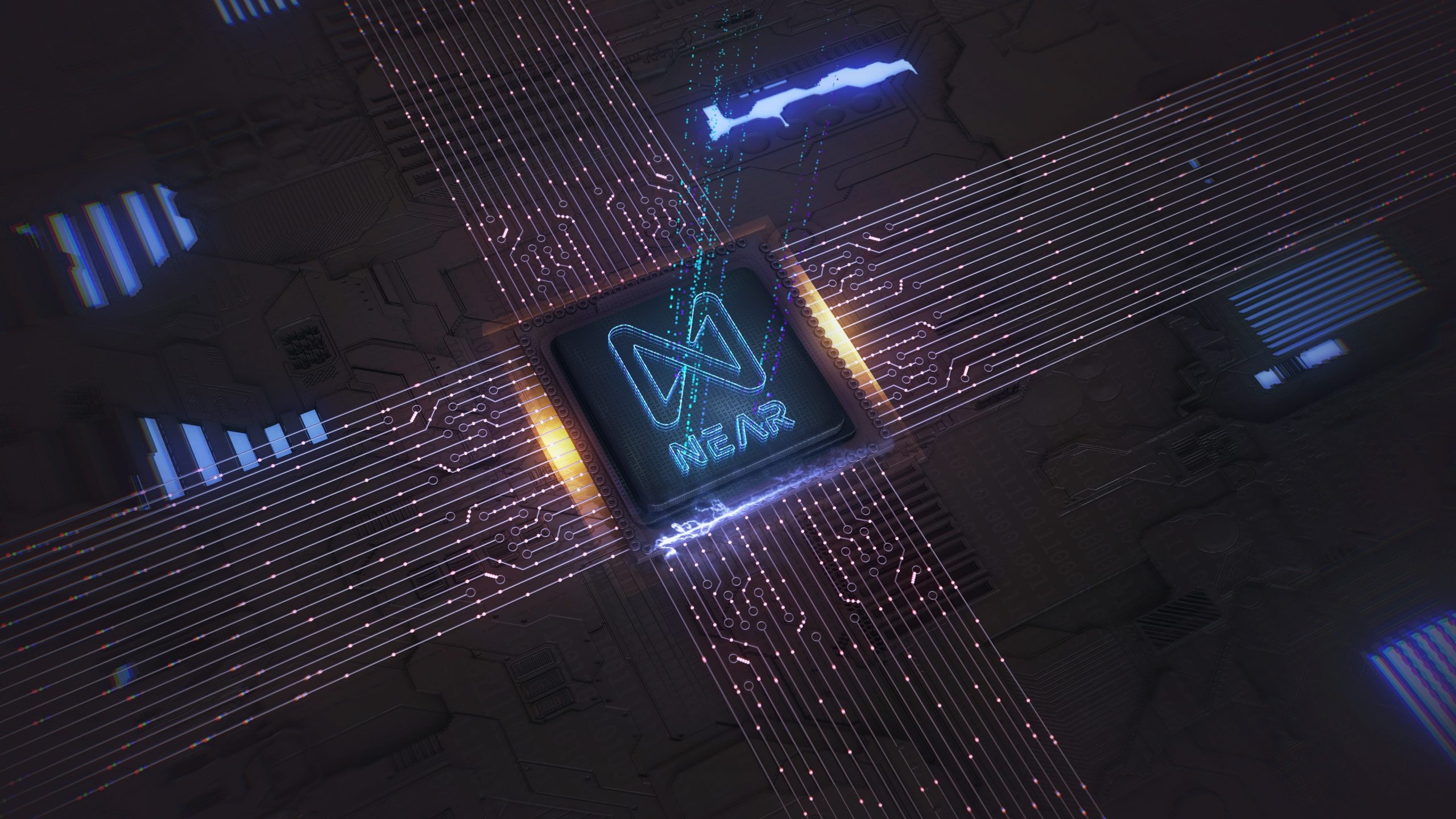 Ein Computerchip mit der Bezeichnung Near befindet sich in der Mitte der sich kreuzenden Schaltkreise und leuchtet mit blauen und gelben Lichteffekten.
