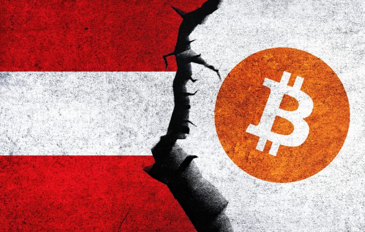 Eine rissige Oberfläche trennt die österreichische Flagge auf der linken Seite vom Bitcoin-Logo auf der rechten Seite und unterstreicht damit die disruptive Präsenz von Bitcoin.