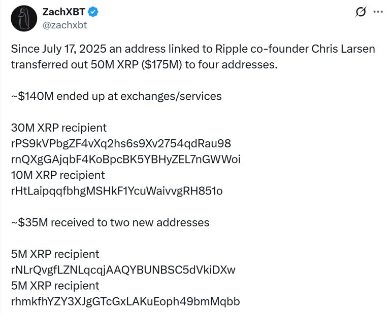 ripple Ein Tweet, der den Transfer und die Aufschlüsselung von 50 Mio. XRP von einer Adresse, die mit dem Ripple-Mitbegründer Chris Larsen in Verbindung steht, detailliert auflistet, mit Empfängeradressen und spezifischen XRP-Beträgen.