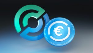 3D-Rendering des Circle-Logos neben einer blauen Münze mit Euro-Symbol, die Circles Euro-gedeckte Stablecoin darstellt.