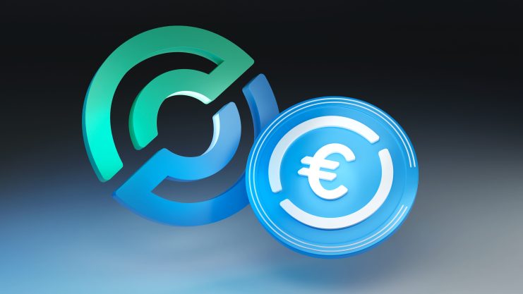 3D-Rendering des Circle-Logos neben einer blauen Münze mit Euro-Symbol, die Circles Euro-gedeckte Stablecoin darstellt.