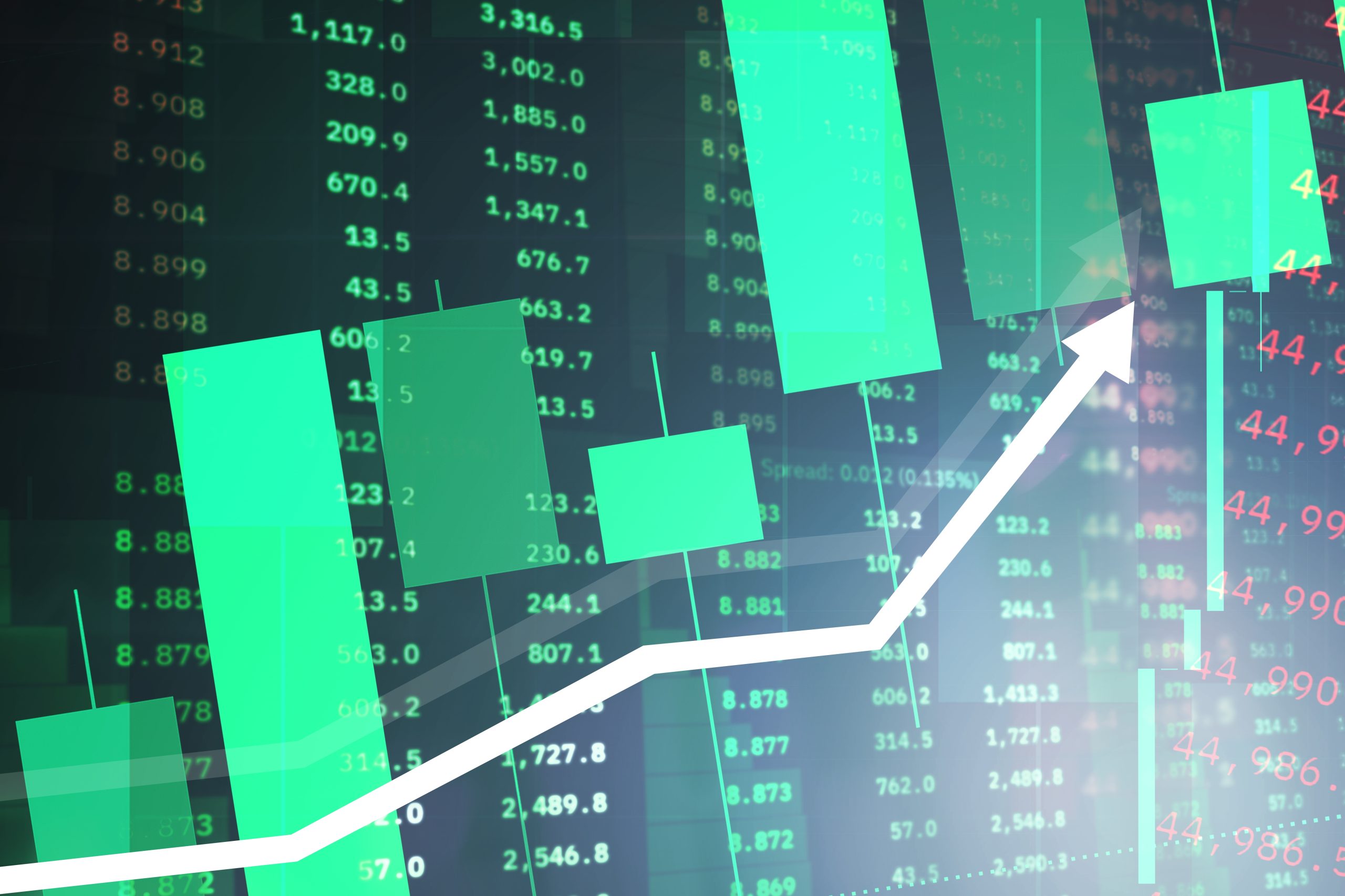 Ein digitales Börsenchart mit grünen Candlesticks, numerischen Daten im Hintergrund und einem weißen Aufwärtspfeil, der das Wachstum anzeigt - perfekt für jeden Krypto-Investor, der den Kryptomarkt in Richtung 50 Billionen US-Dollar verfolgt.