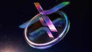 Eine abstrakte 3D-Struktur mit bunten, gestreiften Ringen und sich kreuzenden Balken vor einem dunklen Hintergrund mit verstreuten hellen Flecken - das erinnert an die dynamische Energie einer XRP-Wallet.