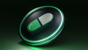 Ein kreisförmiger schwarz-grüner Button mit einem Pillen-Symbol in der Mitte vor einem dunkelgrünen Hintergrund - perfekt, um den Pump.fun Tokensale hervorzuheben.