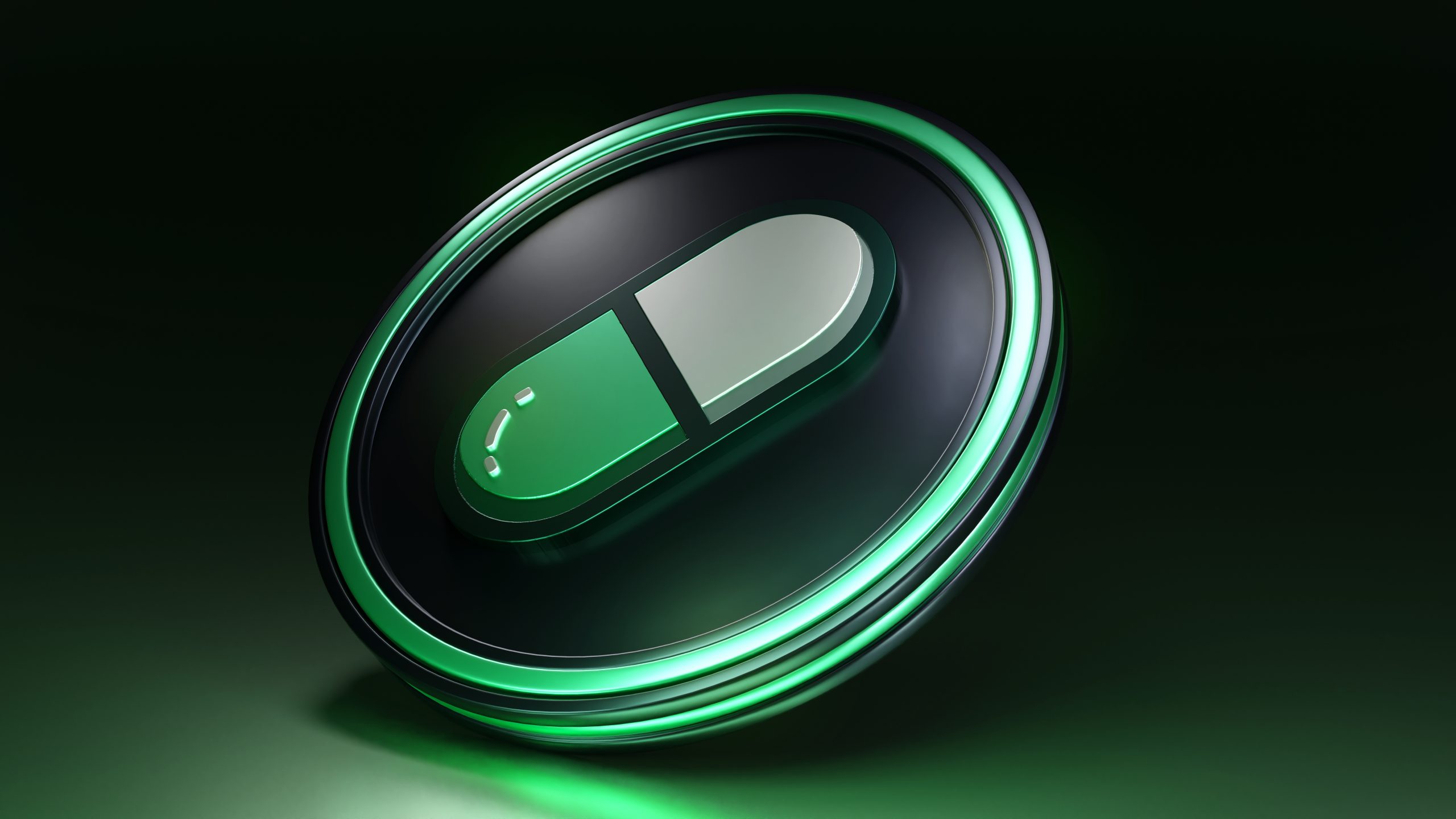 Ein kreisförmiger schwarz-grüner Button mit einem Pillen-Symbol in der Mitte vor einem dunkelgrünen Hintergrund - perfekt, um den Pump.fun Tokensale hervorzuheben.