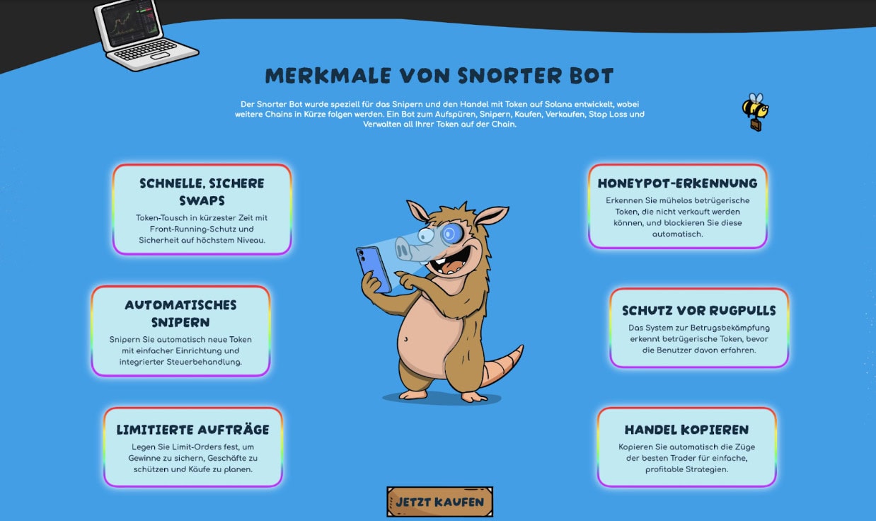 Ein Cartoon-Ameisenbär mit einer Roboterschnauze steht in der Mitte, umgeben von Textkästen, die die Kryptowährungen von Snorter Bot beschreiben, die im Sommer 2025 explodieren sollen.