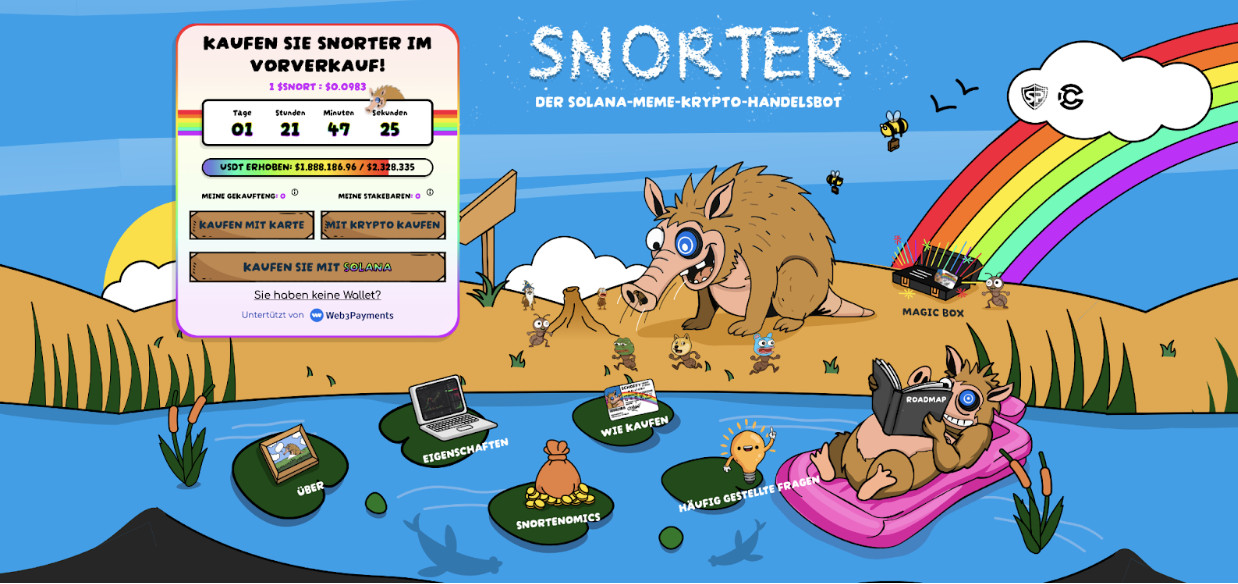 Cartoon-Wildschweinfamilie an einem Fluss, bunter Regenbogen im Hintergrund, mit schwimmendem Wildschwein auf einem Schwimmkörper und verschiedenen beschrifteten Kryptowährungen, die am Flussufer gehandelt werden - das fängt die Aufregung des Sommers 2025 ein, als die Kryptotrends explodieren.