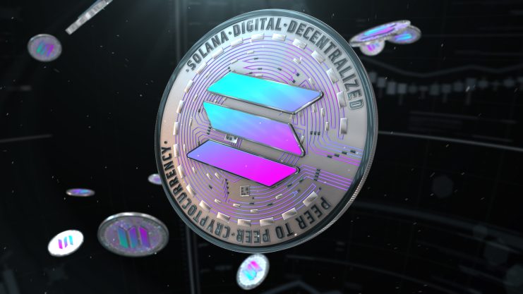 Eine digitale Darstellung einer Solana-Kryptowährungsmünze zeigt ein holografisches Solana-Logo, Schaltkreismuster und die Worte Solana Digital Decentralized Peer to Peer Cryptocurrency.