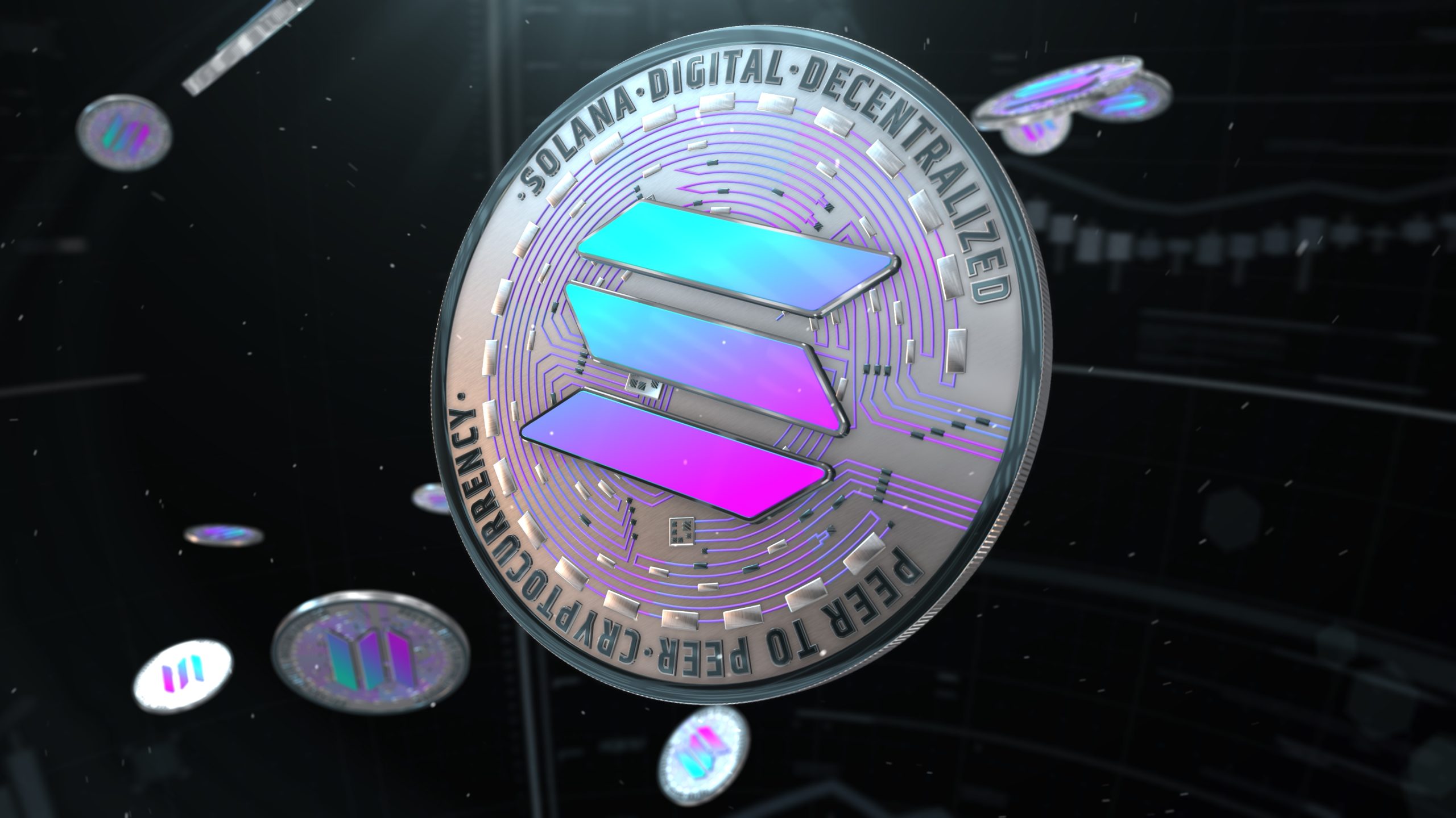 Eine digitale Darstellung einer Solana-Kryptowährungsmünze zeigt ein holografisches Solana-Logo, Schaltkreismuster und die Worte Solana Digital Decentralized Peer to Peer Cryptocurrency.