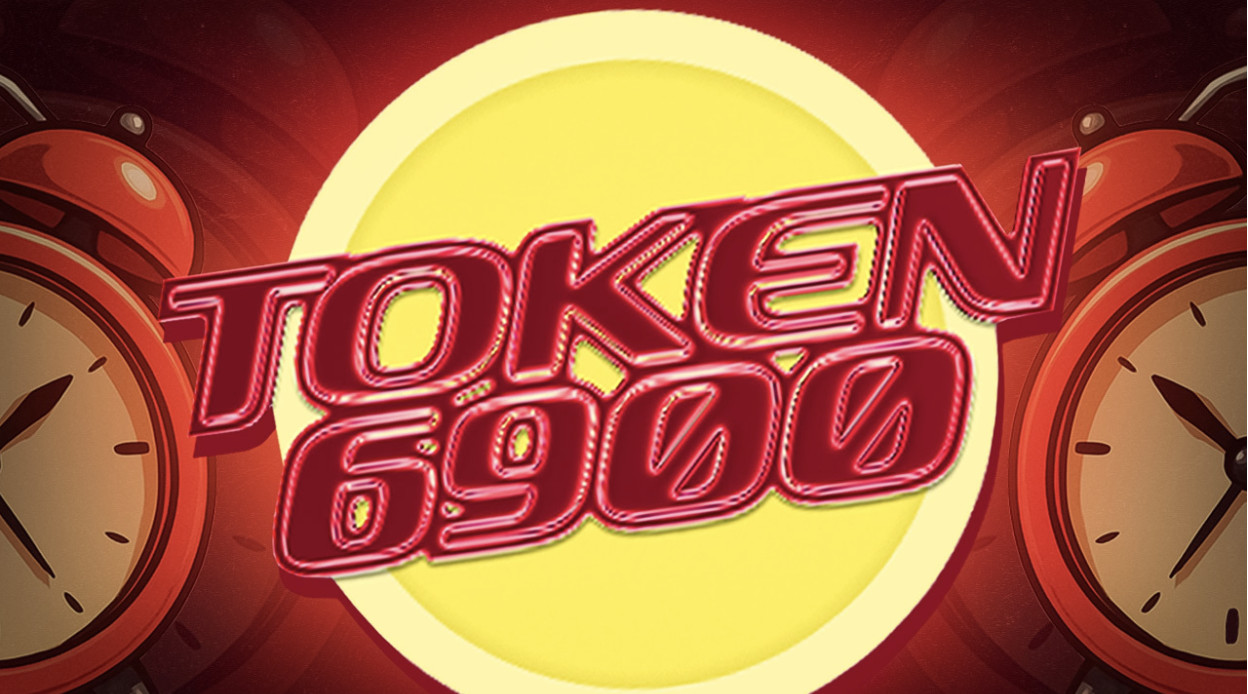 Rote Wecker und ein großer gelber Kreis heben den fetten, roten Text im Vordergrund hervor, der TOKEN6900 lautet - ein auffälliges Bild, das die Dringlichkeit dieser letzten Chance Memecoin Gelegenheit einfängt.
