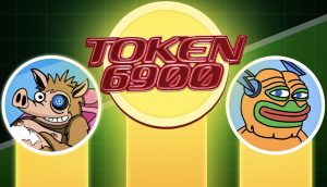 Illustration mit dem Text TOKEN 6900 in fetter roter Schrift über einer großen gelben Münze, mit zwei Cartoon-Avataren auf beiden Seiten: ein Wildschwein auf der linken Seite und ein froschähnliches Wesen auf der rechten Seite.