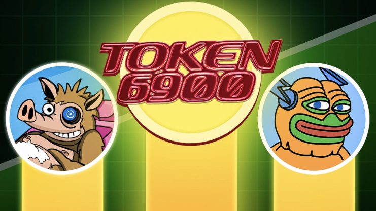 Illustration mit dem Text TOKEN 6900 in fetter roter Schrift über einer großen gelben Münze, mit zwei Cartoon-Avataren auf beiden Seiten: ein Wildschwein auf der linken Seite und ein froschähnliches Wesen auf der rechten Seite.