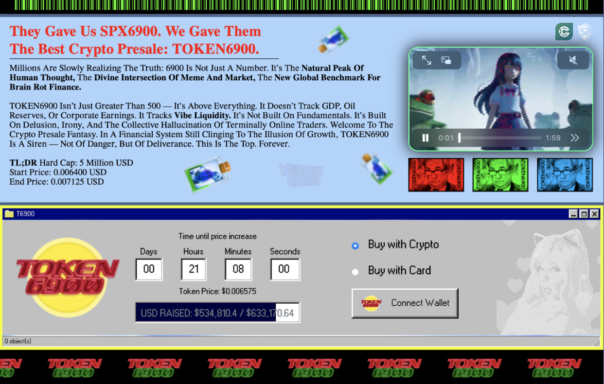 Website zur Förderung des TOKEN6900 Kryptowährungen-Vorverkaufs, mit Fortschritten bei der Mittelbeschaffung, Countdown-Timer, Kaufoptionen und digitaler Kunst. Banner zeigt Token-Branding und Marketing-Claims - bereit zum Explodieren bis Sommer 2025!.
