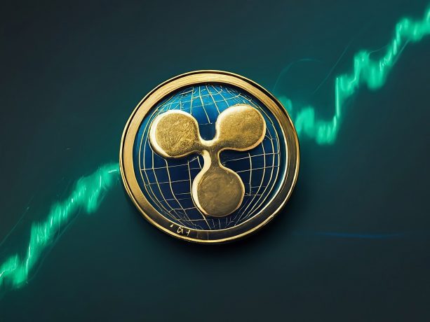 Eine goldene XRP-Münze mit einer Weltkugel wird vor einem Hintergrund mit einer aufwärtsgerichteten grünen Grafiklinie angezeigt.