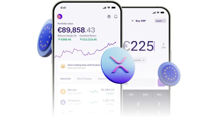 Zwei Smartphones zeigen die Bildschirme für das Kryptowährungsportfolio und den XRP-Kauf auf Kraken an. Sie zeigen den Kontostand in Euro, Preisdiagramme und Währungssymbole, darunter die Symbole für XRP und EU.