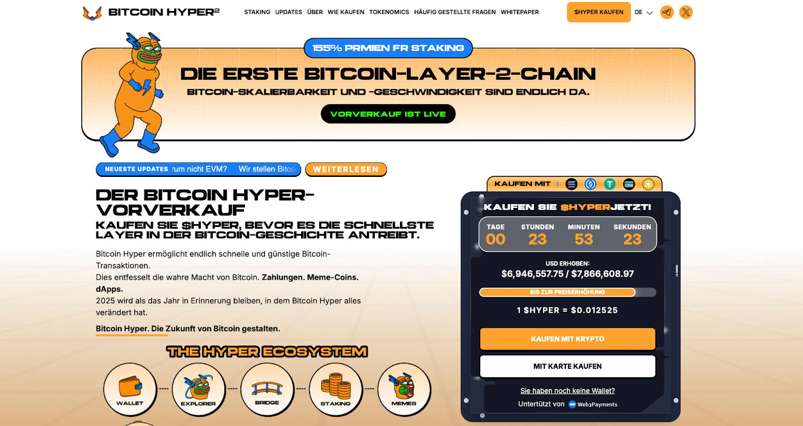 Screenshot der Bitcoin-Hyper-Website mit einem Maskottchen, einem Countdown für den Vorverkauf, Kaufoptionen für HYPCOINS und Abschnitten über Funktionen und das Ökosystem. Der Text ist auf Deutsch und hebt neue Altcoins hervor.