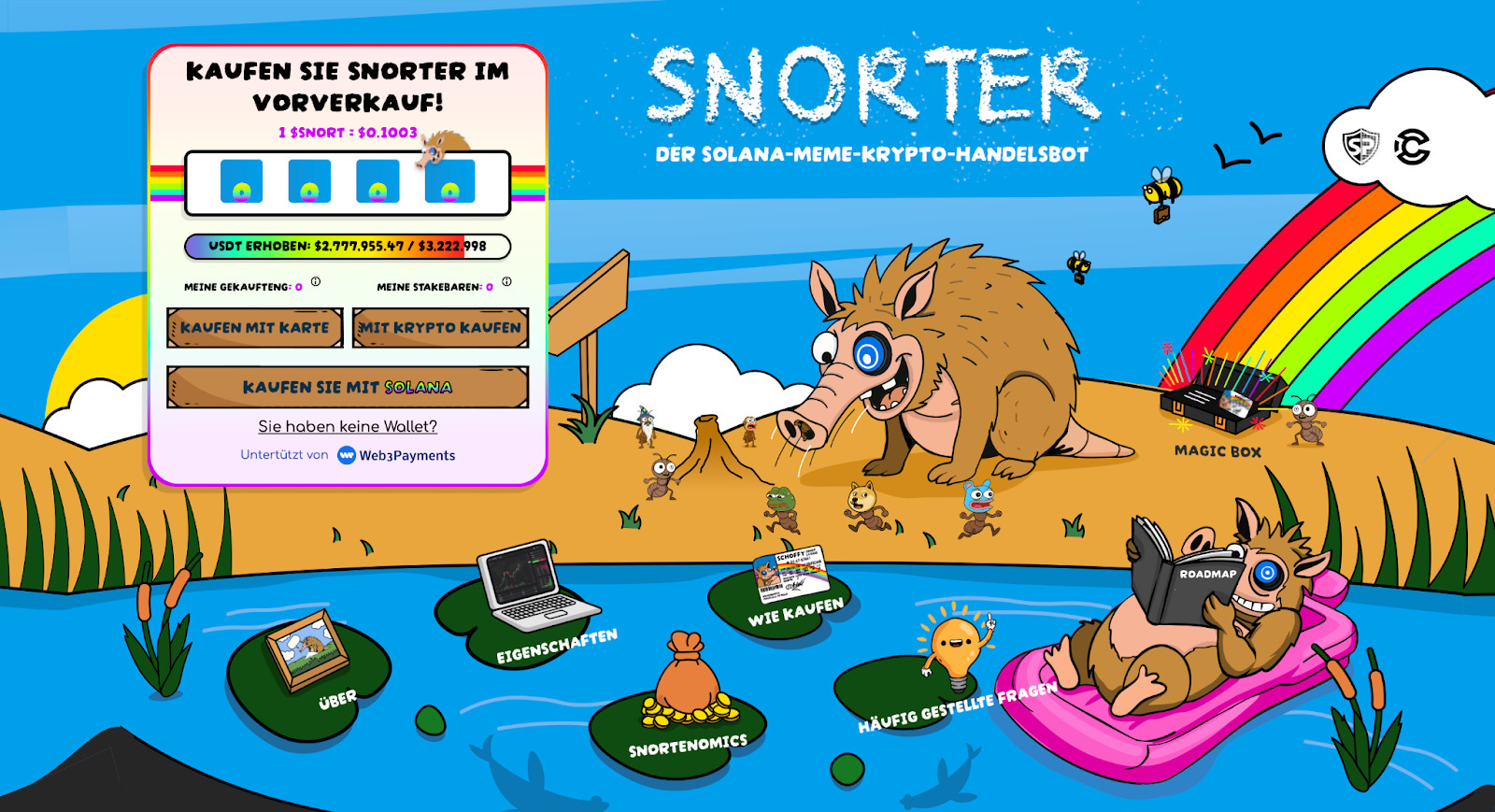 Cartoon-Szene mit einem Wildschwein und kleinen Lebewesen an einem Strand, mit einem Vorverkaufspanel für den Snorter Solana Krypto-Handelsbot in deutscher Sprache auf der linken Seite, das neue Altcoins hervorhebt.