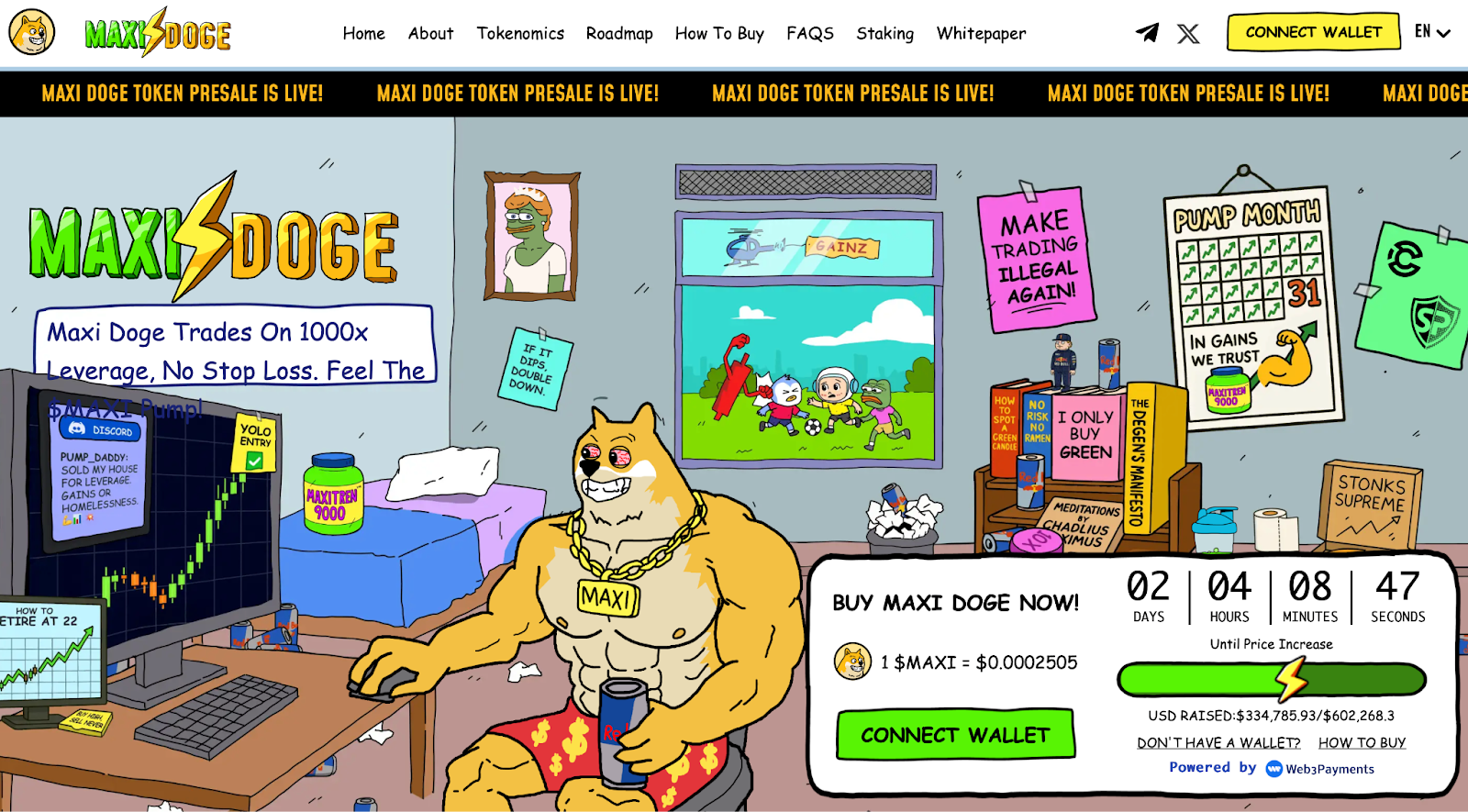 Ein muskulöser Cartoon-Hund mit menschlichem Körper sitzt an einem Computer in einem überfüllten Raum mit Krypto-Handelsgrafiken, Postern mit Hundethemen und Diskussionen über neue Altcoins; die Website wirbt für die Kryptowährung Maxi Doge.