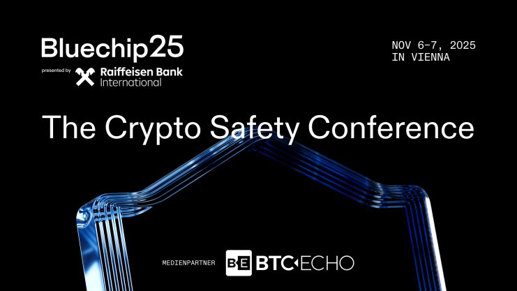 Veranstaltungsbanner für die Crypto Safety Conference in Wien, 6. bis 7. November 2025, präsentiert von Bluechip25 und Raiffeisen Bank International, mit BTC-ECHO als Medienpartner.